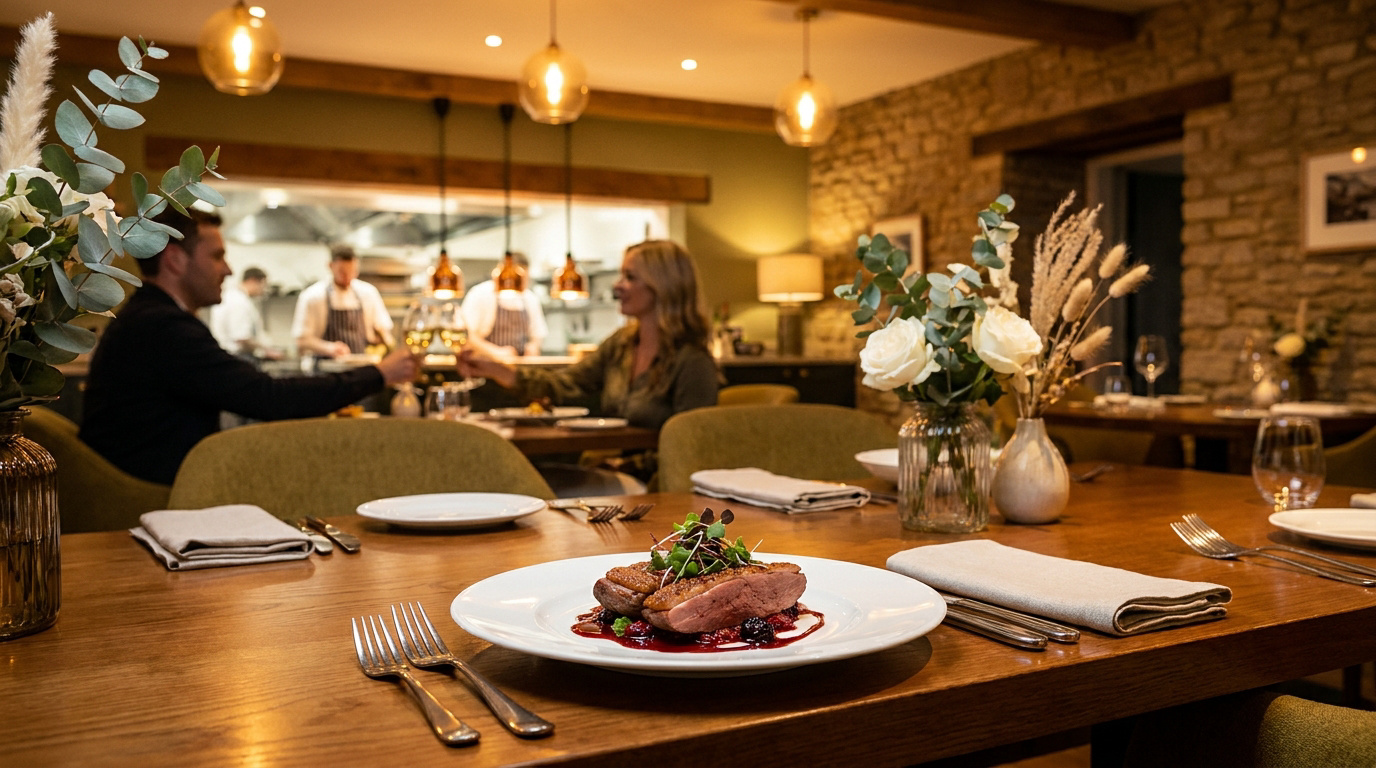 Une assiette de magret de canard raffinée sur une table en bois dans une salle de restaurant chaleureuse.