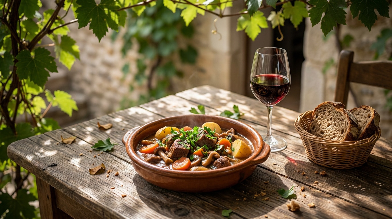 Plat mijoté de viande et légumes dans un bol en terre cuite avec un verre de vin rouge sur une table en bois.