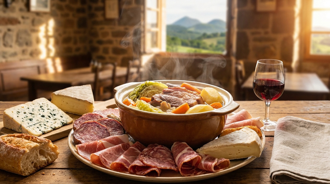 Pot-au-feu fumant accompagné de charcuteries, fromages et vin rouge sur une table en bois avec vue sur les volcans.