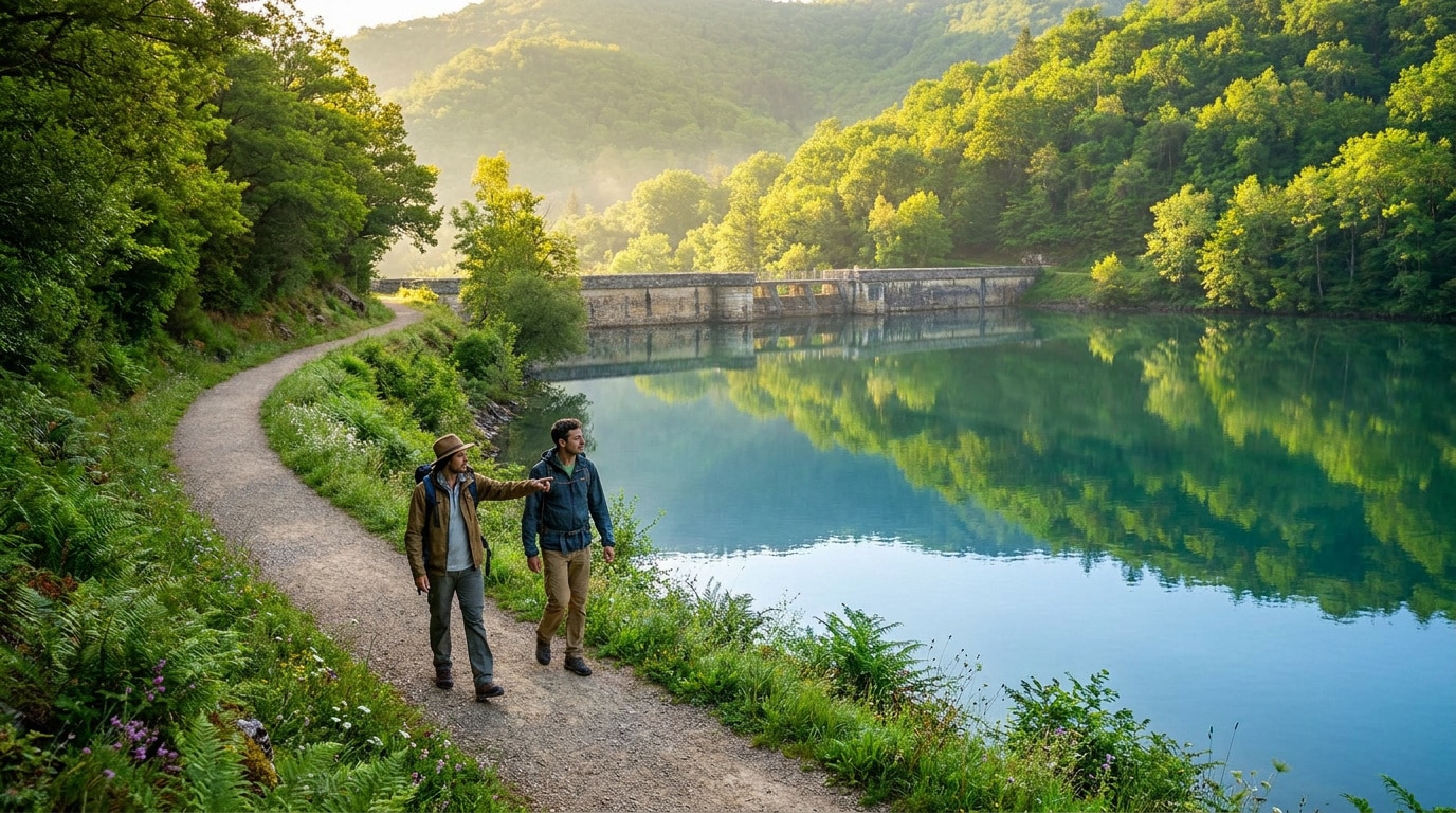 Deux randonneurs marchant sur un sentier en bordure du lac du Ternay avec un barrage en arrière-plan.