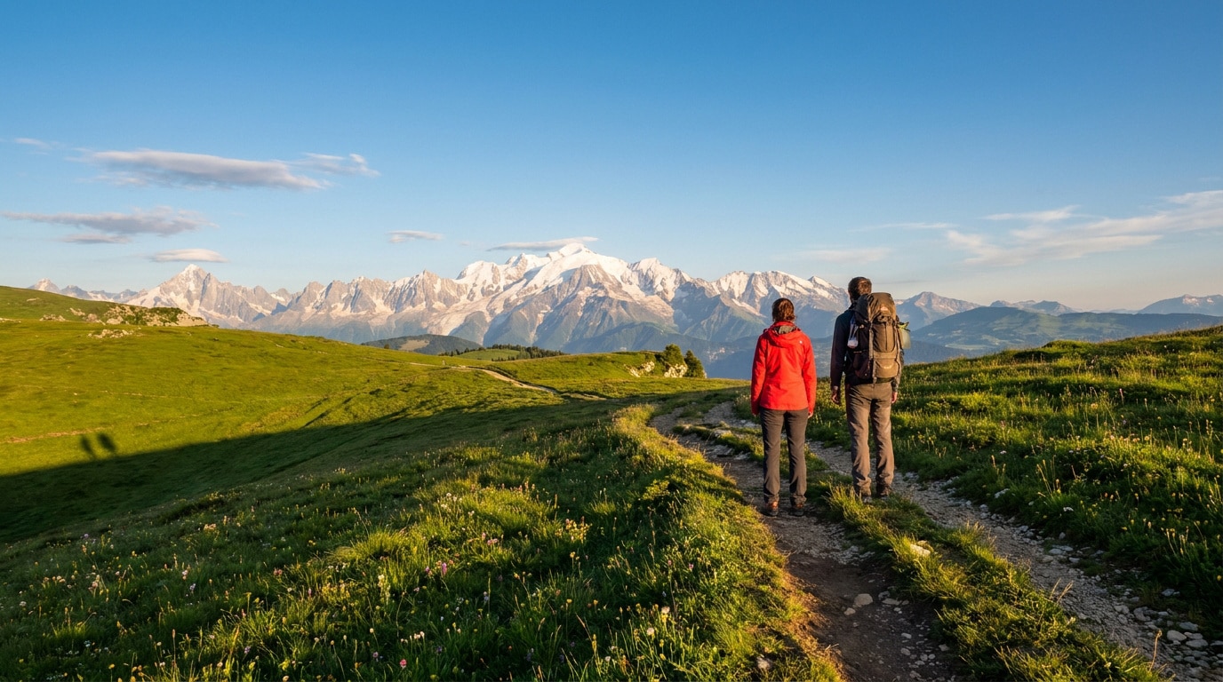 Couple de randonneurs marchant sur un sentier herbeux face à la chaîne du Mont-Blanc sous un ciel bleu.