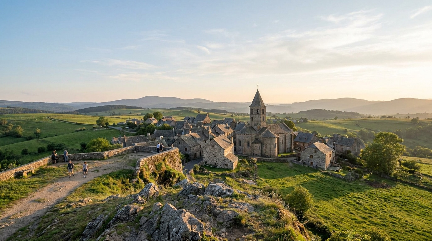 Village médiéval en pierre avec église au clocher pointu niché dans les collines verdoyantes de l'Aubrac au soleil couchant.