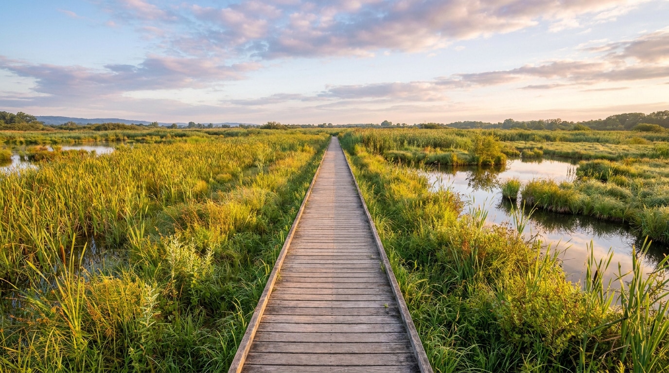 Passerelle en bois traversant le Marais de Lavours sous un ciel de fin de journée avec herbes hautes et zones d'eau.