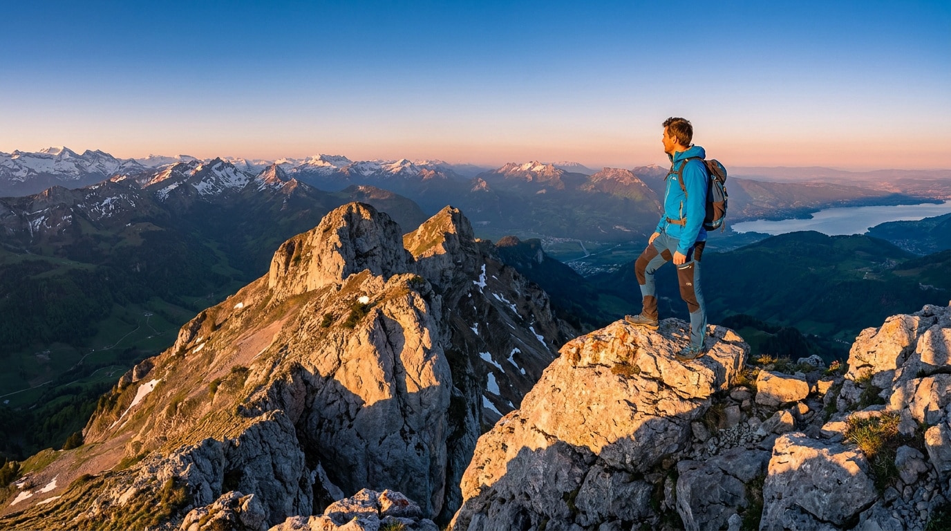 Un randonneur équipé contemple le panorama alpin depuis le sommet de la Dent d'Oche au coucher du soleil.