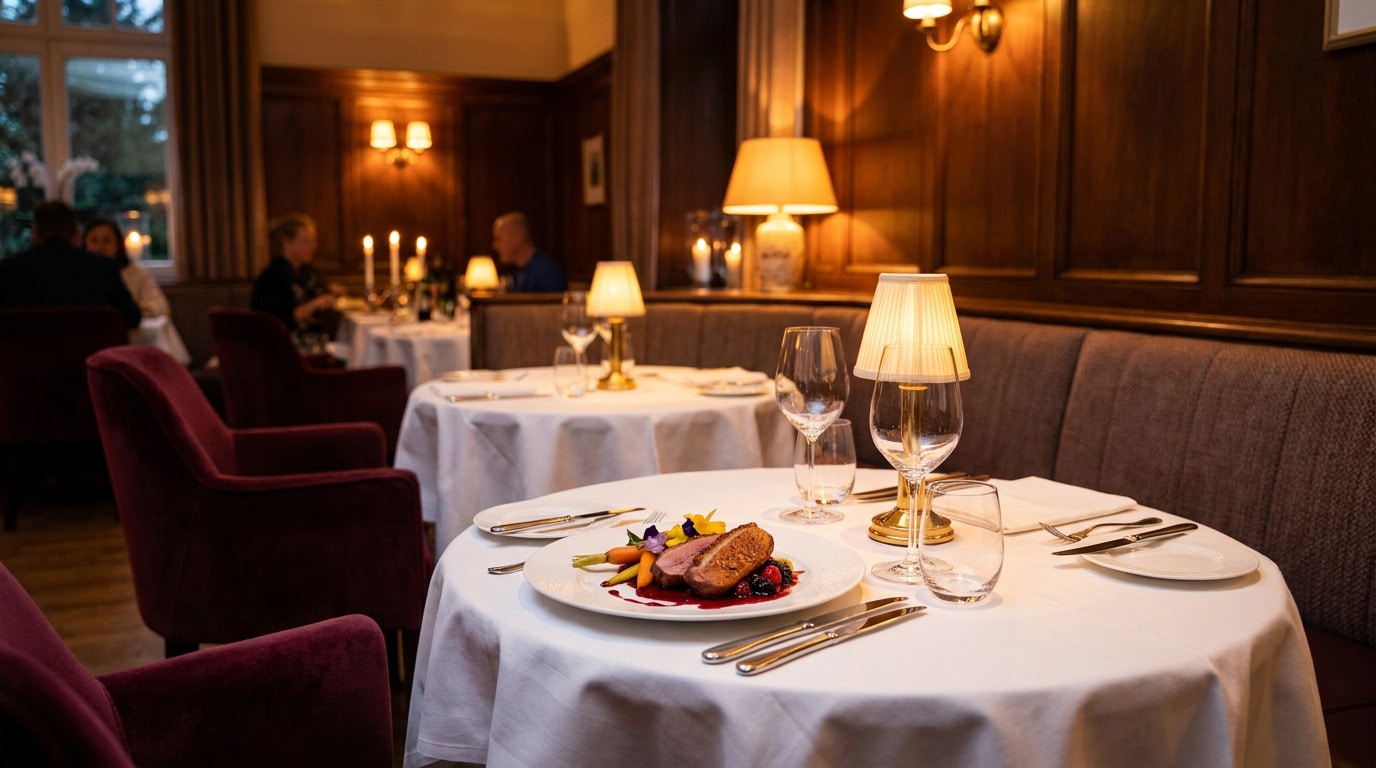 Assiette gastronomique sur une table nappée de blanc dans le décor feutré du restaurant Les Présidents à Divonne.