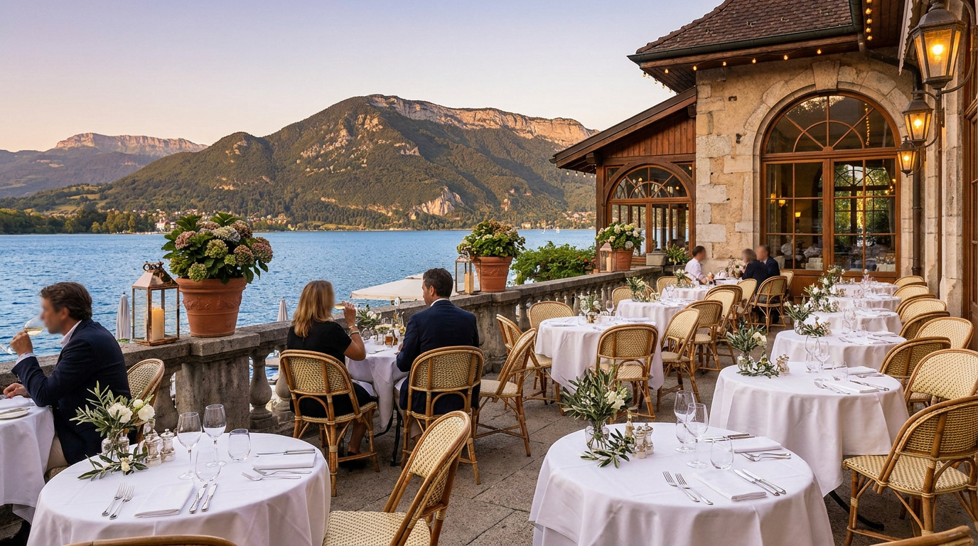 Terrasse de restaurant en bord de lac avec tables nappées de blanc face aux montagnes d'Annecy au coucher du soleil.
