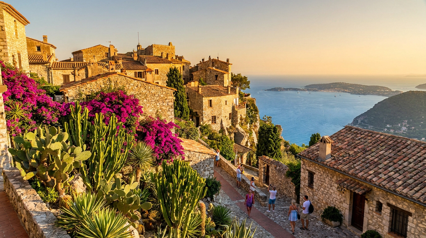 Ruelles en pierre et jardins fleuris du village d'Èze surplombant la mer Méditerranée au soleil couchant.