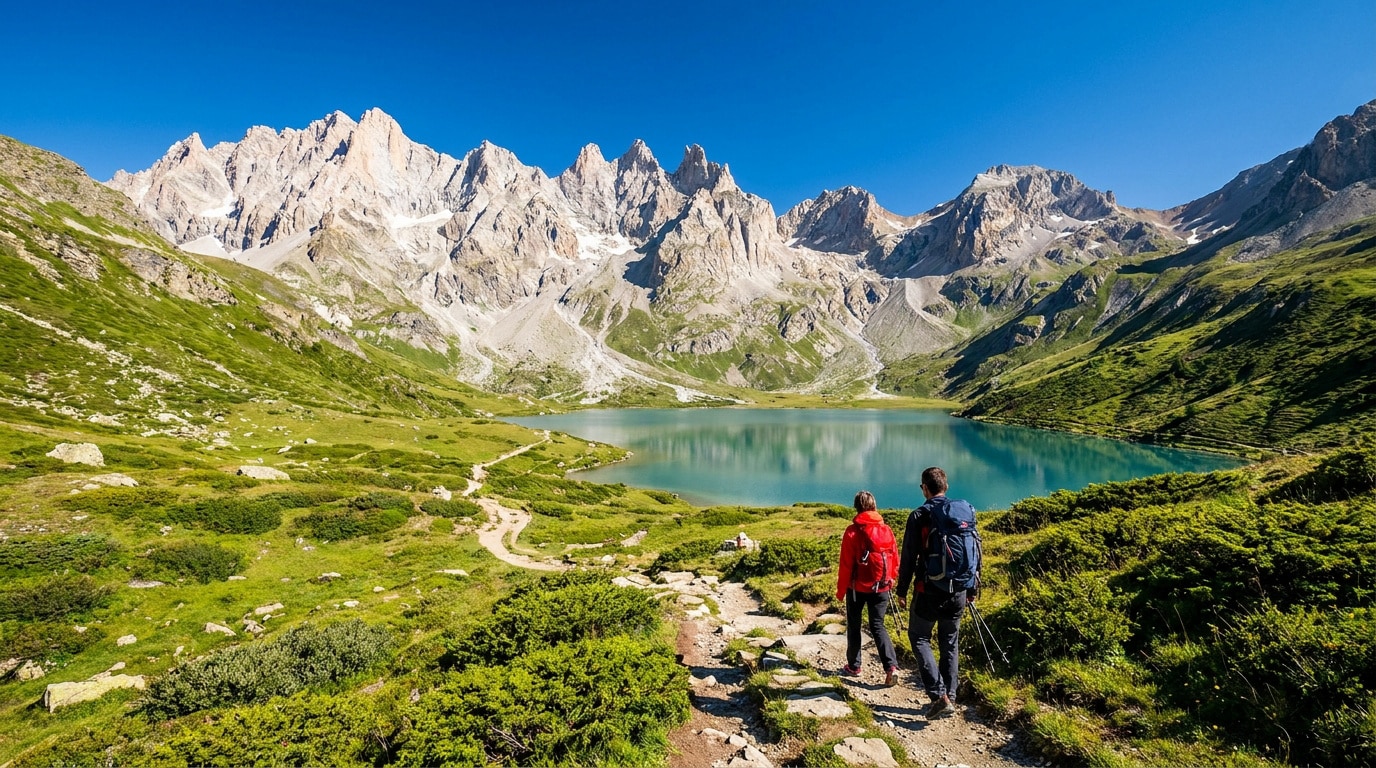 Un couple de randonneurs marche sur un sentier en montagne face à un lac alpin et aux sommets des Dents Blanches.