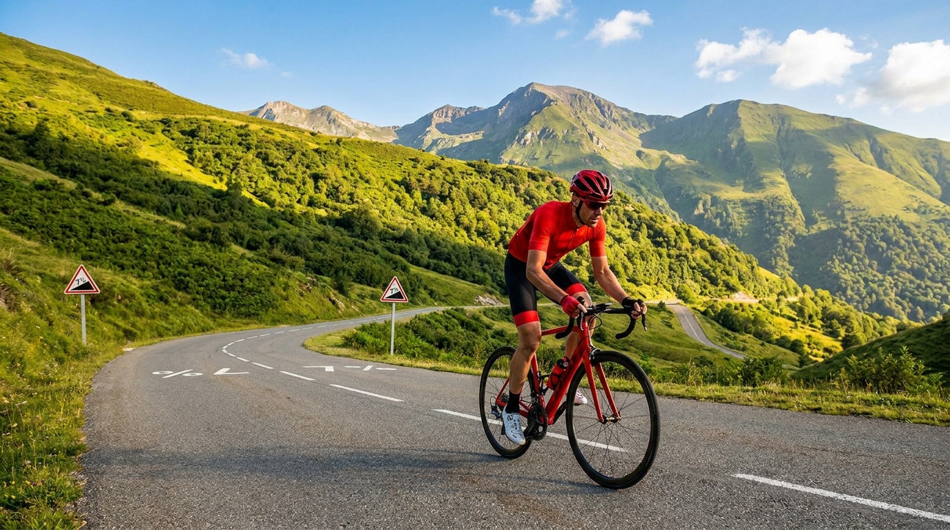 Un cycliste en tenue rouge gravit une route de montagne escarpée dans les Pyrénées sous un ciel ensoleillé.