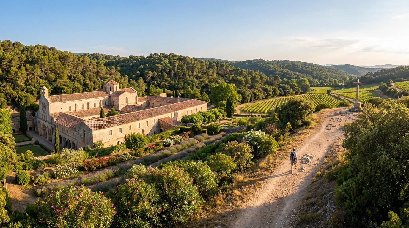 Randonneur marchant sur un sentier face à l'abbaye de Fontfroide, entourée de vignes, de jardins et d'une forêt.