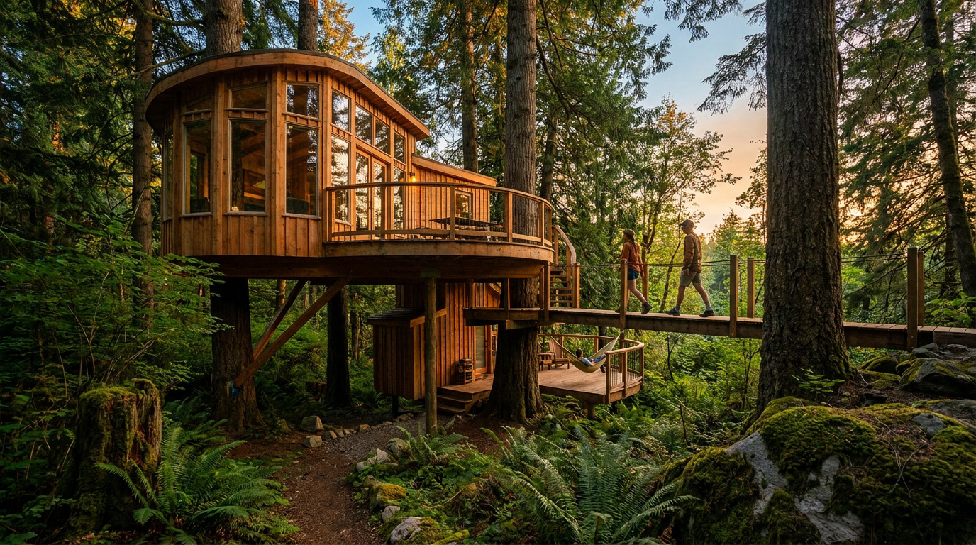 Cabane en bois luxueuse perchée dans les arbres avec une passerelle, au coucher du soleil dans une forêt verdoyante.