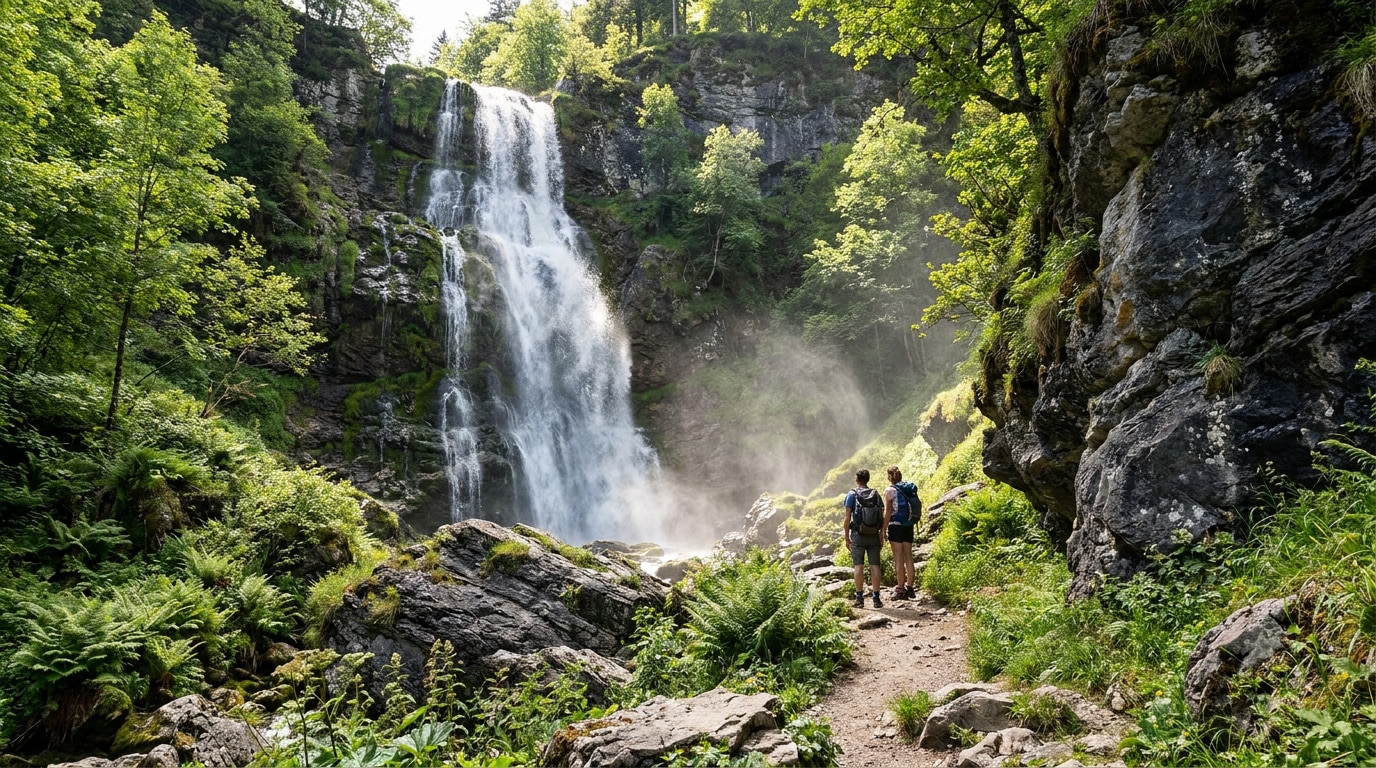 Deux randonneurs avec sacs à dos observent une majestueuse cascade entourée de rochers et d'une forêt luxuriante.