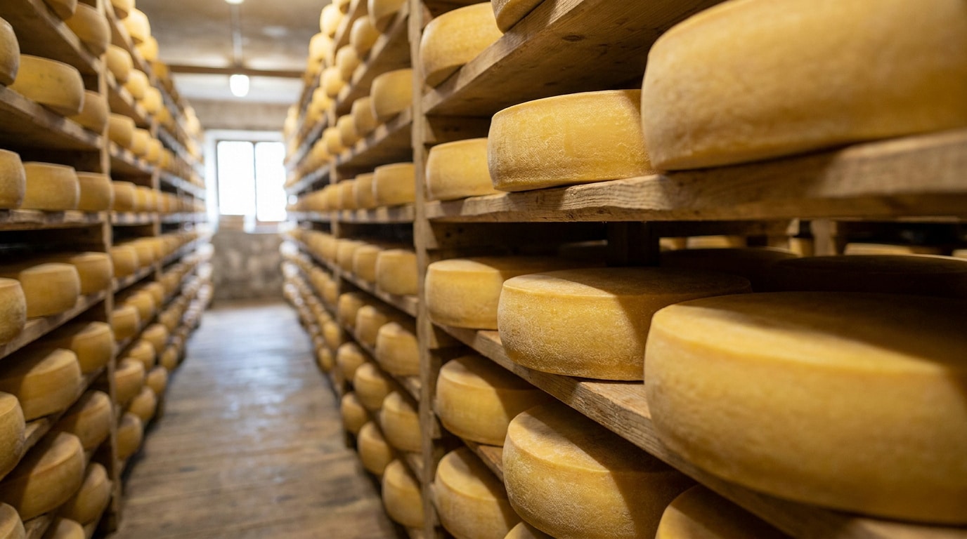Rayonnages en bois remplis de meules de fromage dans une cave d'affinage traditionnelle.