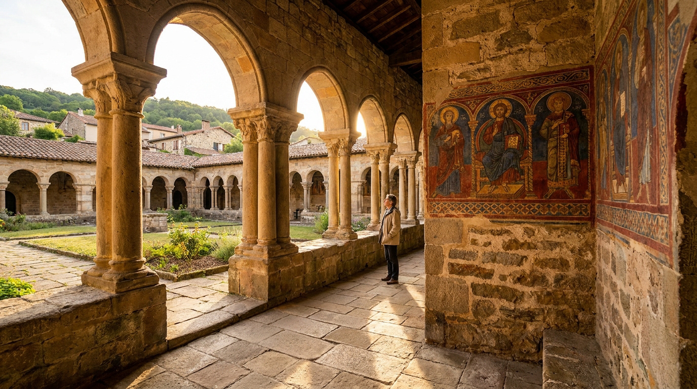 Un visiteur admire les fresques médiévales sous les arcades en pierre du cloître de l'abbaye de Lavaudieu en Auvergne.