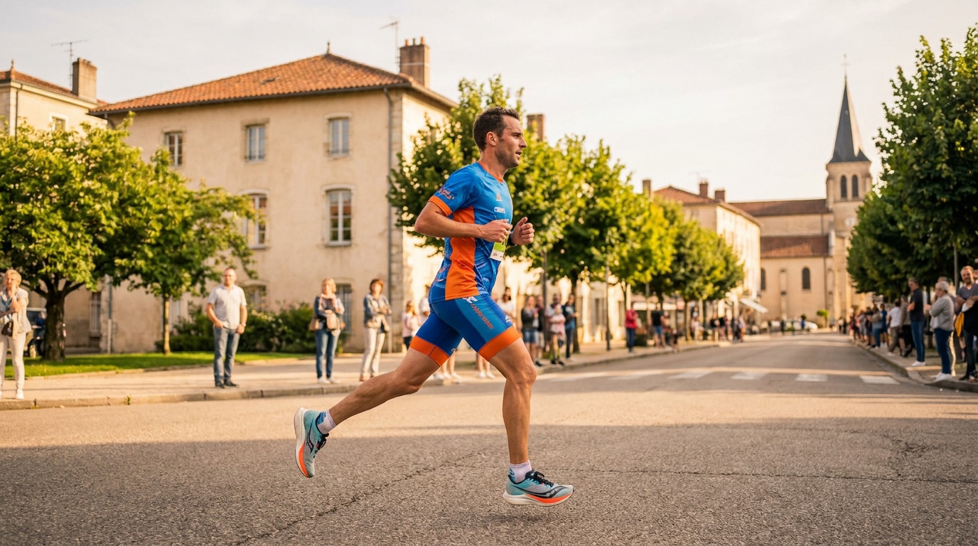 Un coureur en tenue bleue et orange court sur une route pavée au centre-ville de Bourg-en-Bresse sous une lumière dorée.
