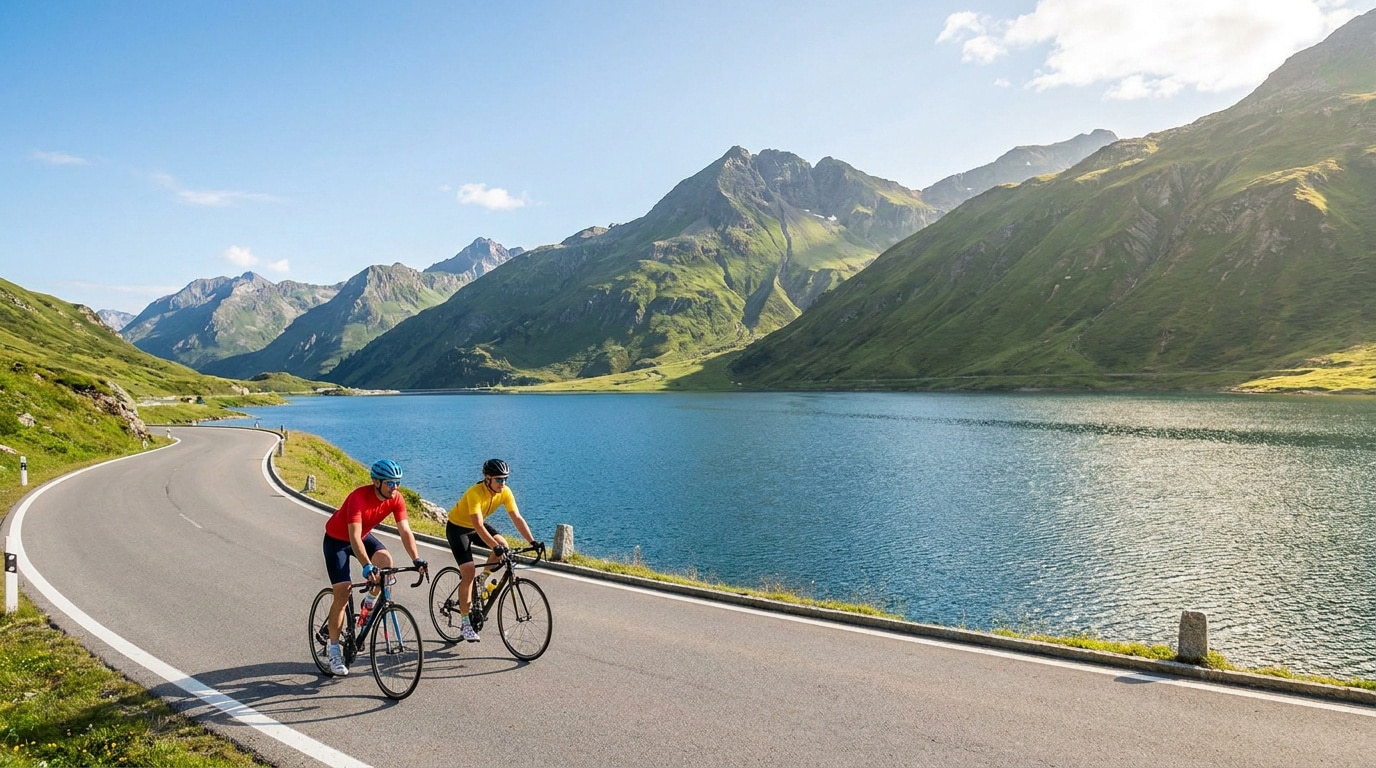 Deux cyclistes sur une route sinueuse longeant un lac alpin sous un ciel ensoleillé.