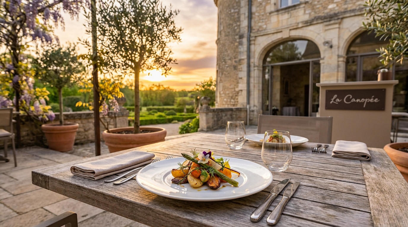 Assiette de légumes rôtis sur une table en bois en terrasse au coucher du soleil devant le restaurant La Canopée.