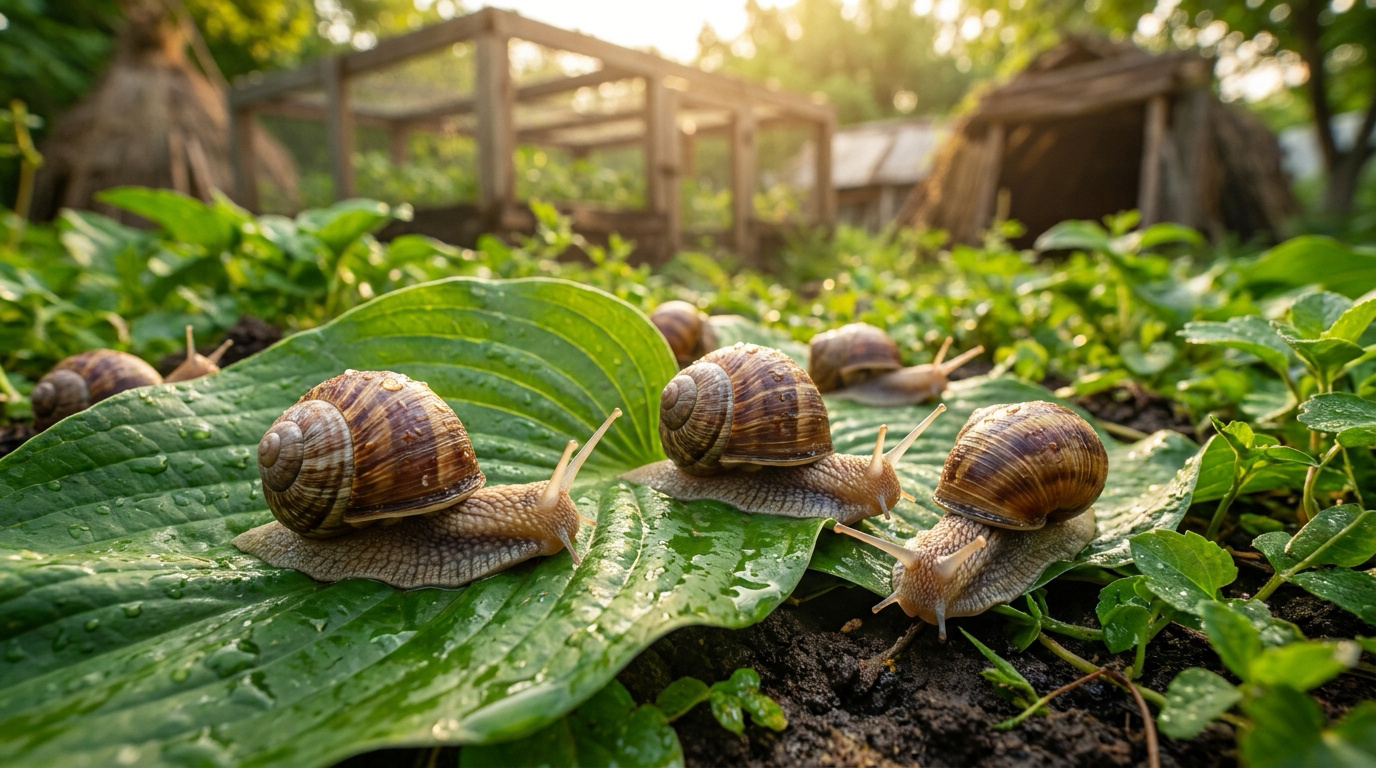 Plusieurs escargots sur une grande feuille verte dans un élevage biologique en plein air.