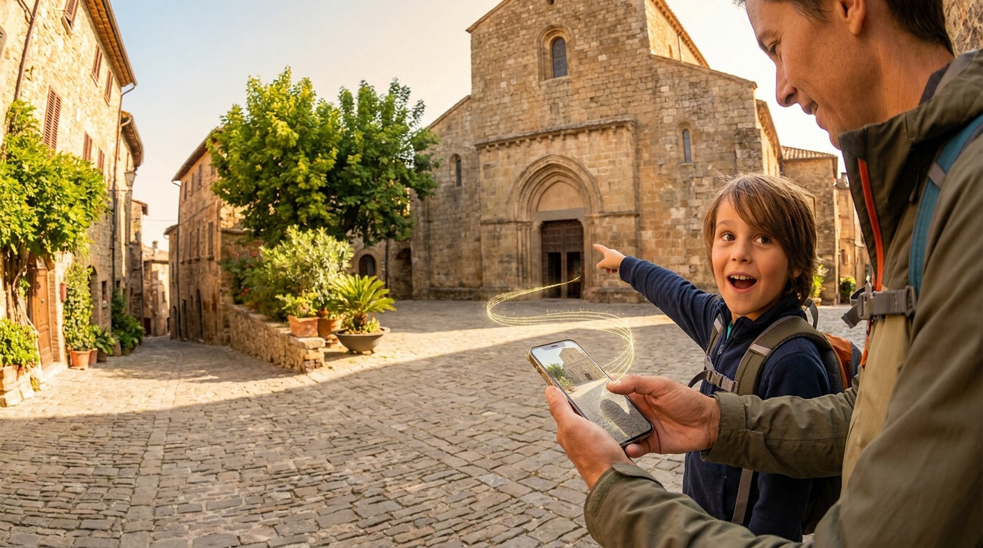 Un enfant et un adulte utilisent une application mobile pour découvrir les secrets d'un village historique à Yzeron.