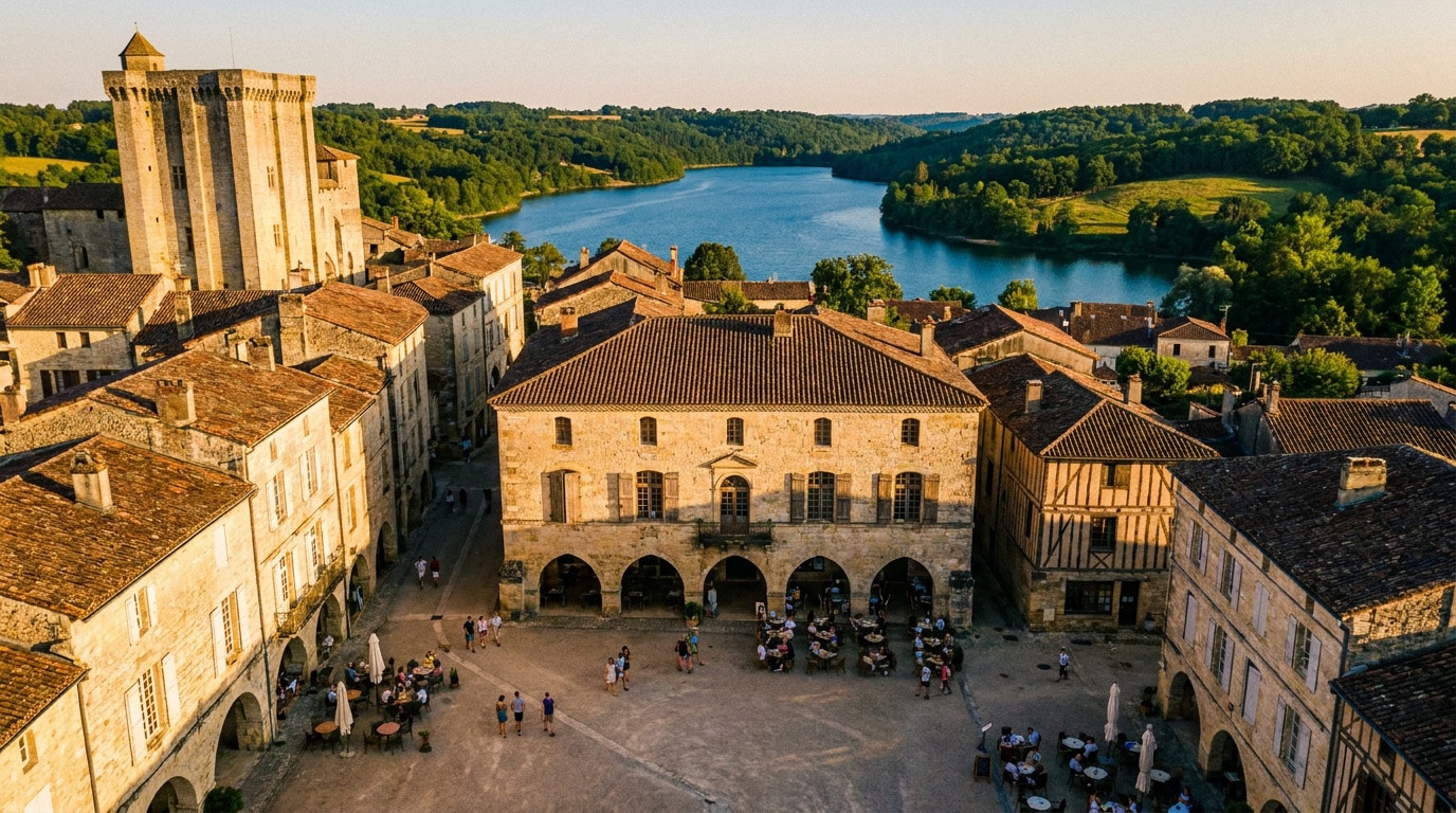 Place centrale d'Eymet, bastide du Périgord avec ses maisons en pierre et son château surplombant un lac au coucher du soleil.