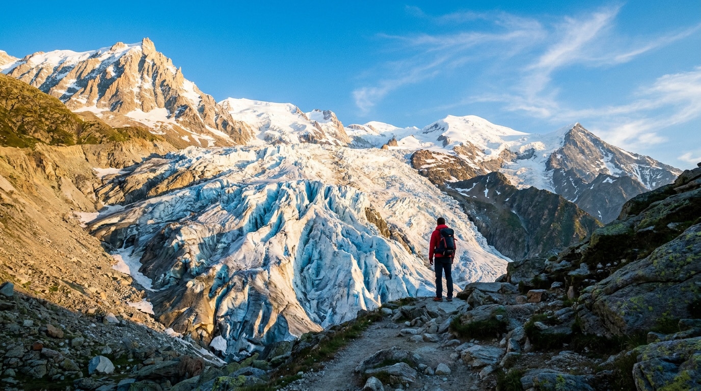 Un randonneur en veste rouge observe l'imposante cascade de glace du glacier des Bossons sous un ciel bleu dégagé.