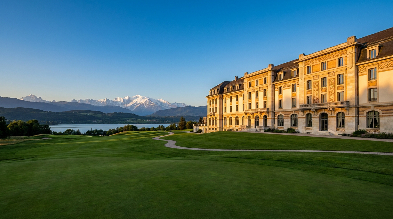 Vue panoramique du Grand Hôtel à Divonne, avec ses façades Art Déco dominant le terrain de golf et le lac Léman.