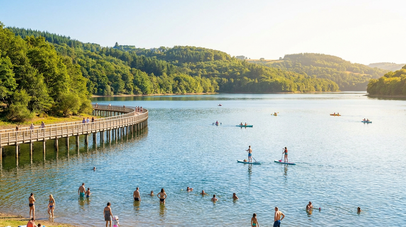 Personnes se baignant et pratiquant le paddle sur le lac de Saint-Étienne-Cantalès avec une passerelle en bois.