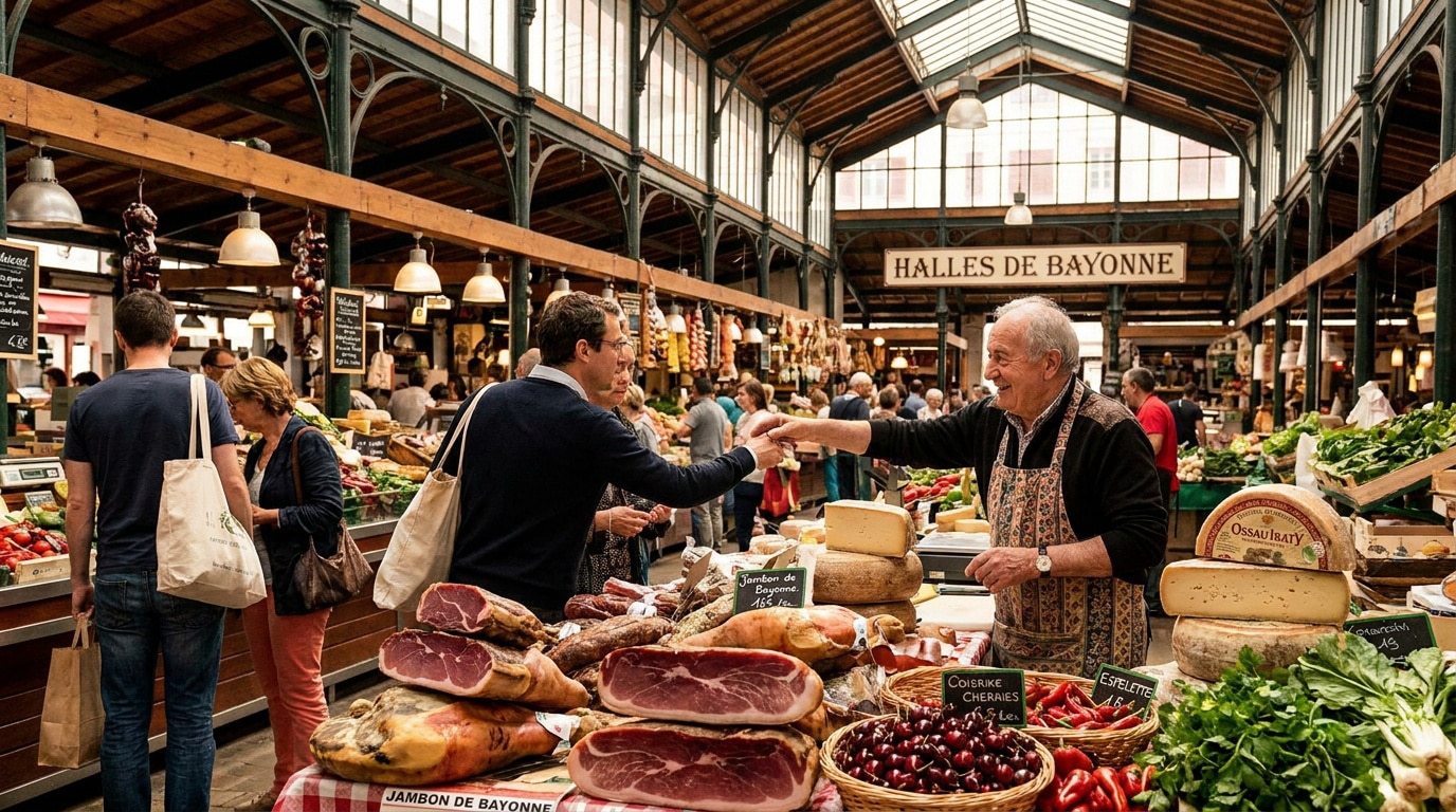 Un commerçant souriant sert un client devant des étals de jambons de Bayonne et de fromages aux Halles de Bayonne.