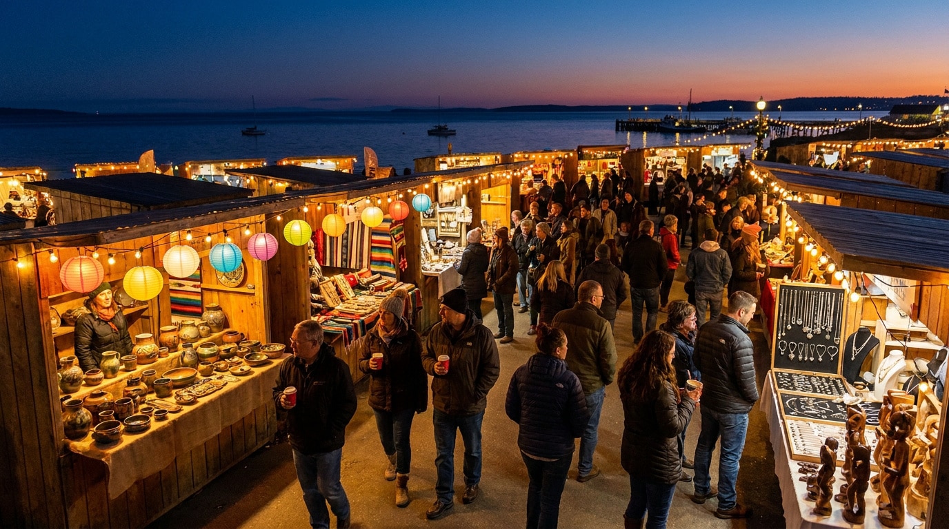 Marché nocturne en plein air avec des stands en bois illuminés par des lanternes colorées au bord de l'océan au crépuscule.