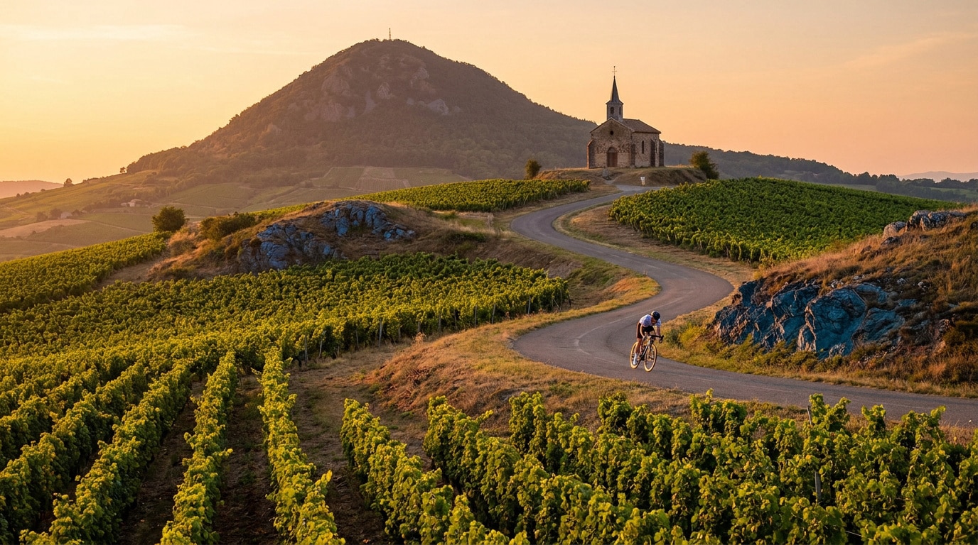 Un cycliste roule sur une route sinueuse traversant les vignes sous la chapelle du mont Brouilly au coucher du soleil.