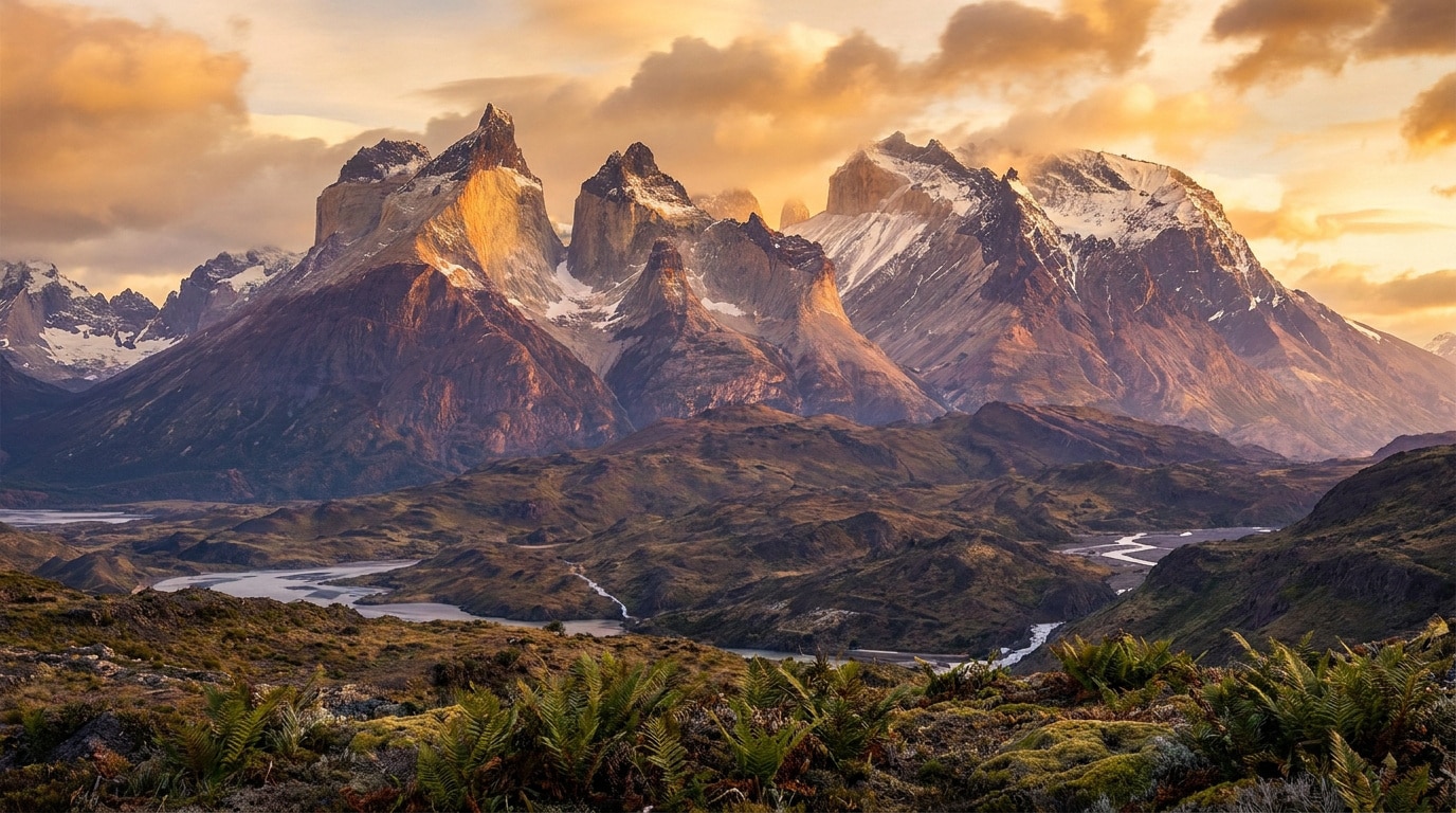 Paysage montagneux majestueux avec des sommets enneigés et une vallée verdoyante sous un ciel doré au coucher du soleil.