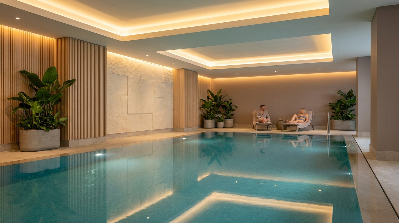 Piscine intérieure élégante et lumineuse avec des clients se relaxant sur des chaises longues à Lyon.