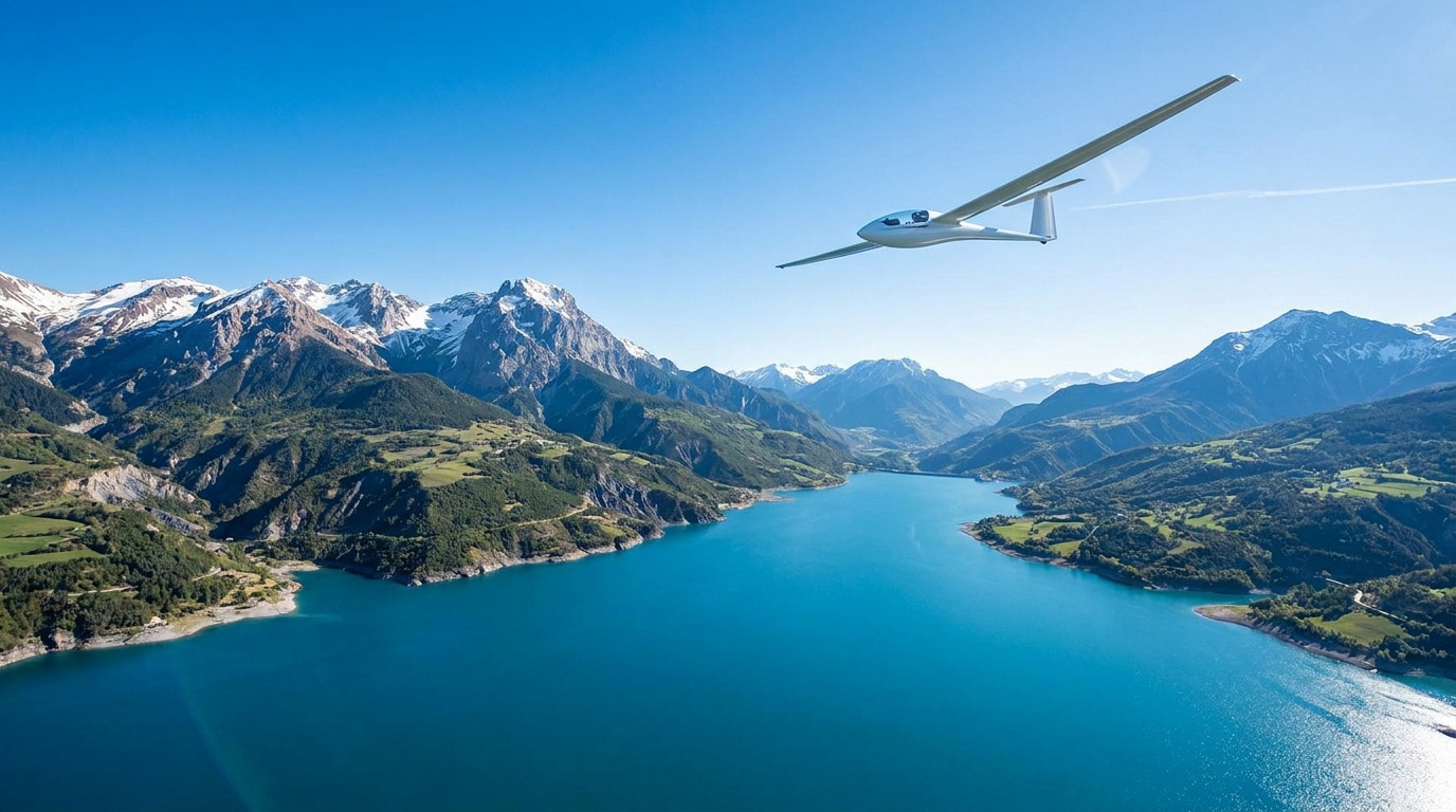 Un planeur blanc survole les eaux azur d'un lac alpin entouré de hautes montagnes enneigées sous un ciel bleu clair.
