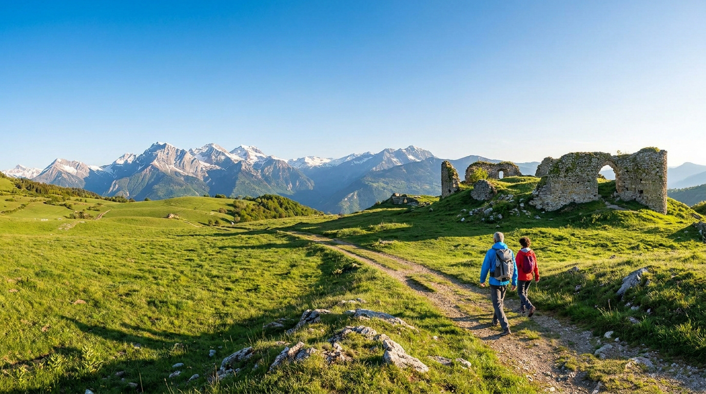Deux randonneurs marchent sur un sentier verdoyant près de ruines anciennes avec les Alpes enneigées en arrière-plan.
