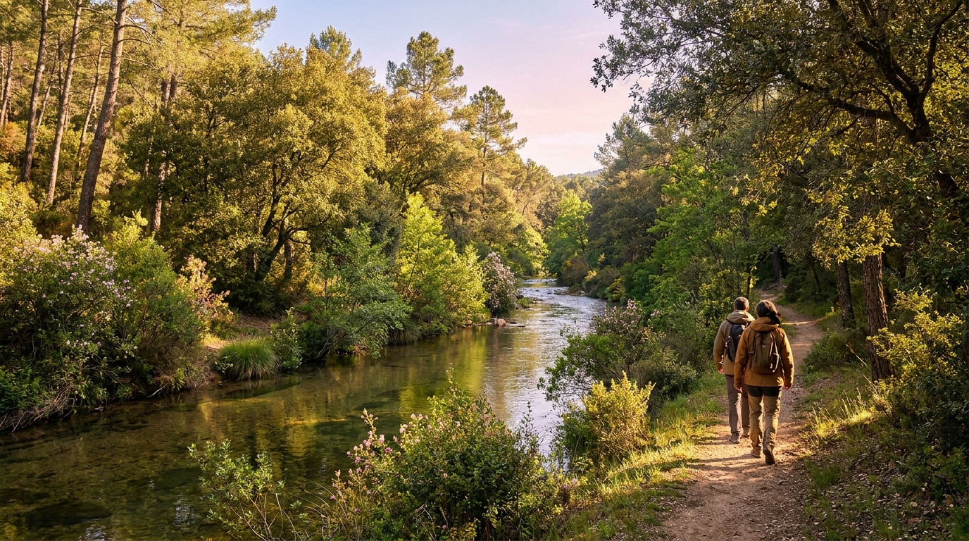 Deux randonneurs marchant sur un sentier en terre longeant une rivière paisible bordée d'arbres verdoyants.