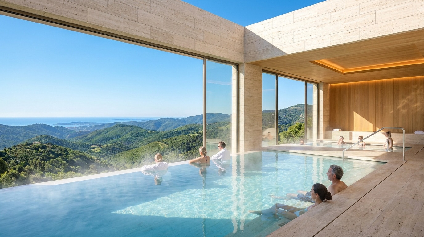 Piscine à débordement intérieure avec vue sur les montagnes et la mer, des personnes se relaxent dans l'eau chaude.