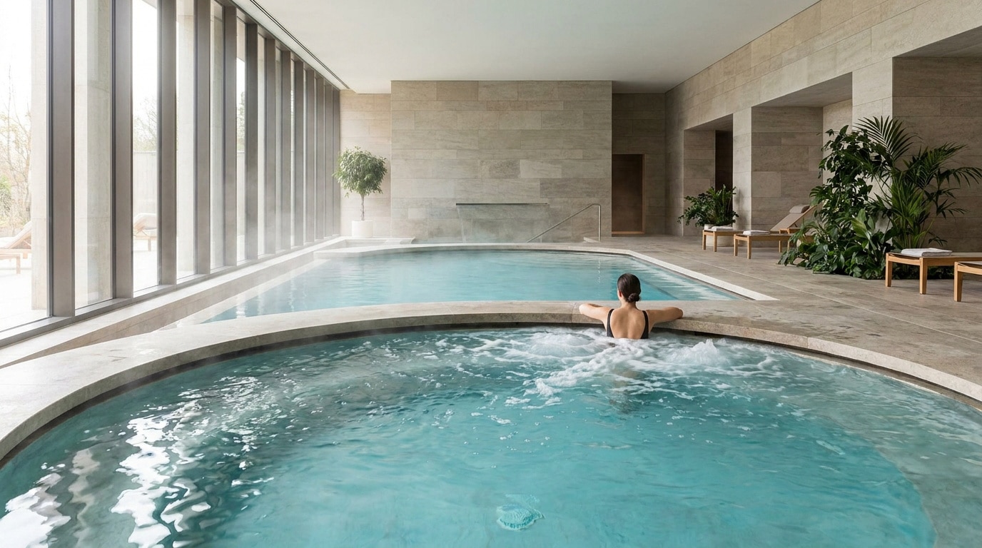 Une femme se relaxe dans un bassin bouillonnant au sein d'un spa moderne aux tons minéraux et lumineux.