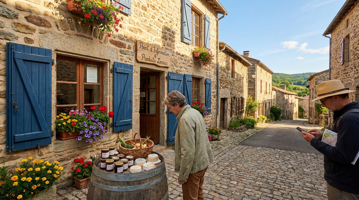 Deux touristes visitent l'office de tourisme du Crozet, village en pierre fleuri avec des produits locaux en vitrine.